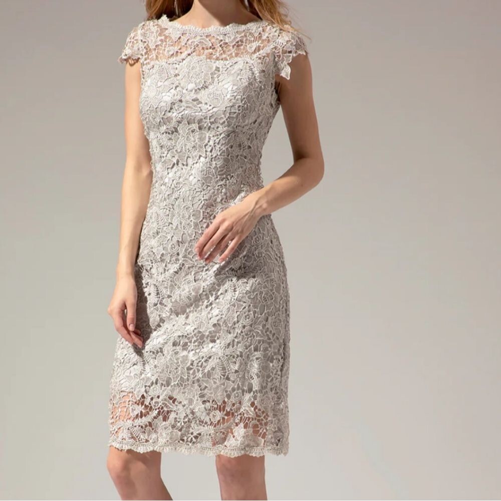 Zapaka silver gray fitted lace overlay sheath dress, back zipper, sz 14
